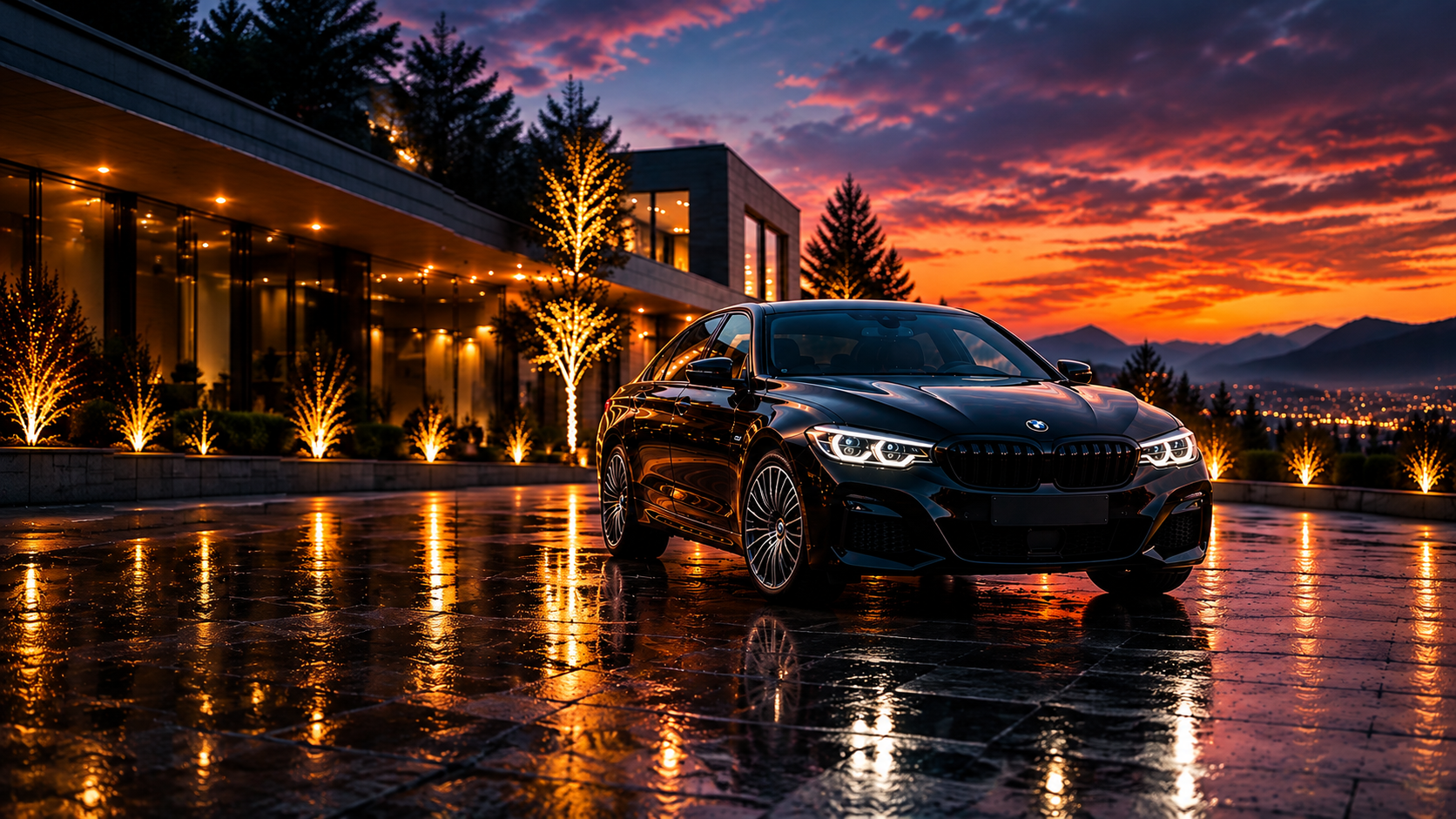 BMW negru pe o alee, în lumina apusului